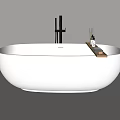 White Freestanding Bathtub With Black Faucet Wooden Tray And Bath Products