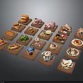 Assorted Food Items on Wooden Trays Including Hamburgers Fried Chicken Salads and Desserts