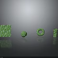 Green Textured Geometric Shapes Arrangement With Square Sphere Ring And Cylinder on Reflective Dark Surface