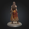 3D Female Warrior Character Model With Detailed Armor And Tattered Cloak On Stone Base