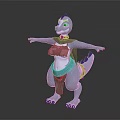 Blue Horned Dragon like Character in Decorative Attire Standing with Outstretched Limbs