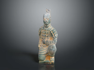 Ancient Chinese Terracotta Warrior Sculpture Carving with Detailed Armor and Sitting Pose 3d model