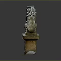 Traditional White Stone Lion Statue With Carved Pedestal And Decorative Details