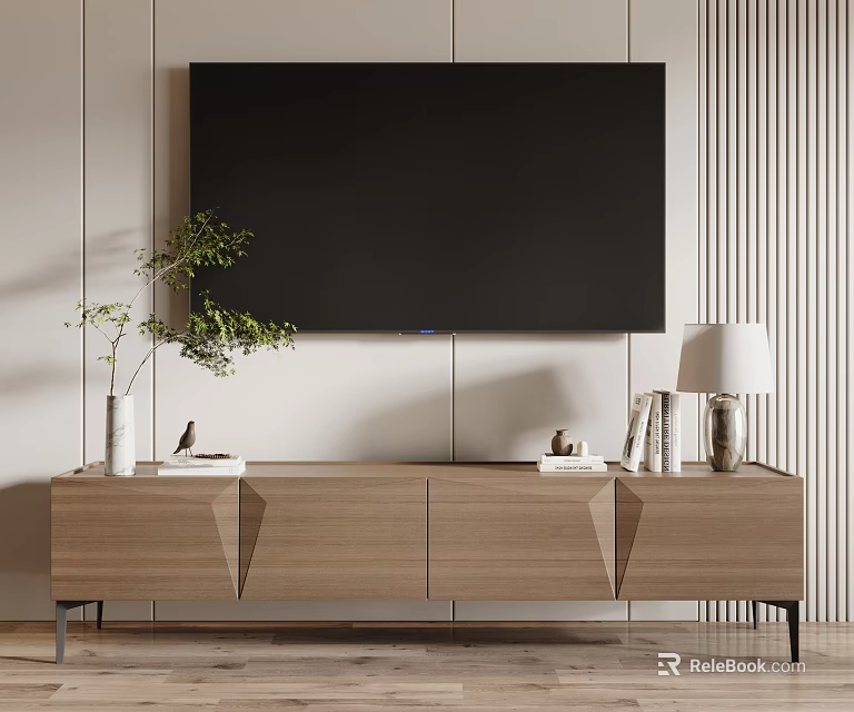 Modern Wooden TV Stand With Flat Screen TV Green Plant And Decorative Items 3d model 