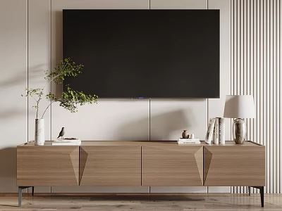Modern Wooden TV Stand With Flat Screen TV Green Plant And Decorative Items 3d model
