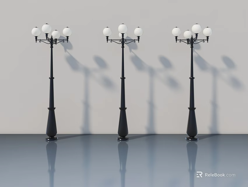 Black Lamp Posts With White Shades And Reflections On Blue Floor Background 3d model