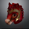 Red Horse Head Sculpture With Golden Armor And Ornate Design Details