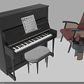 Black Upright Piano With Music Sheet White Stool Red Chair And Small Round Table