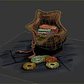 Red Cloth Bag For Daily Use With Golden Circular Items On Blue Wooden Surface And Scattered Outside