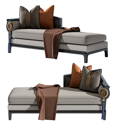 Elegant Modern Chaise Lounge Interior With Beige Fabric Upholstery Brown Throw Blanket And Decorative Pillows 3d model