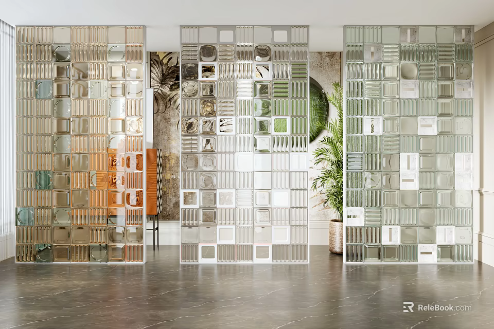 Modern Glass Partition With Decorative Blocks For Interior Space Design 3d model 