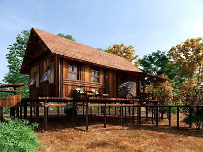 Wooden House Elevated on Stilts with Brown Roof and Natural Surroundings 3d model