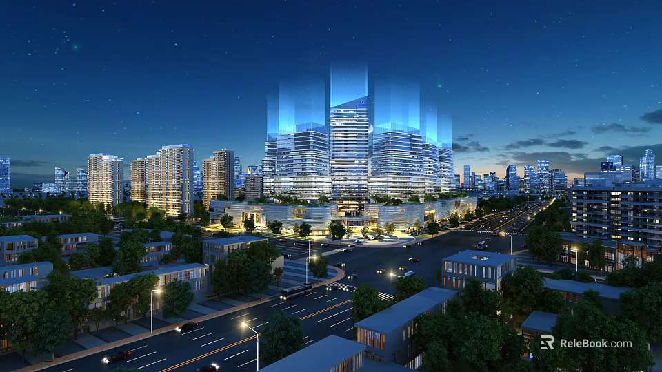 Urban Night Landscape With Modern Skyscrapers Bright Lights Tree-Lined Roads And Starry Sky 3d model 