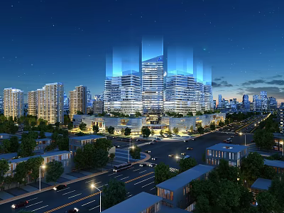 Urban Night Landscape With Modern Skyscrapers Bright Lights Tree-Lined Roads And Starry Sky 3d model