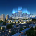 Urban Night Landscape With Modern Skyscrapers Bright Lights Tree-Lined Roads And Starry Sky