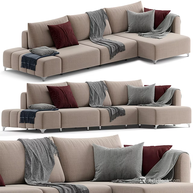 Modern Beige Sectional Sofa With Red Gray Pillows And Cozy Blankets 3d model