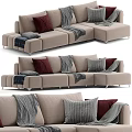 Modern Beige Sectional Sofa With Red Gray Pillows And Cozy Blankets 3d model
