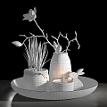 Elegant Decorative Ornament Set With Tray Gray Vase Pink Flowers Green Plants Rabbit Candle