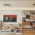 Modern Living Room Interior With Large TV Coffee Table Striped Rug And Decorative Shelves