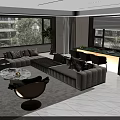 Modern Living Room Interior With Large Windows Sofa Coffee Table Green Counter And Plant