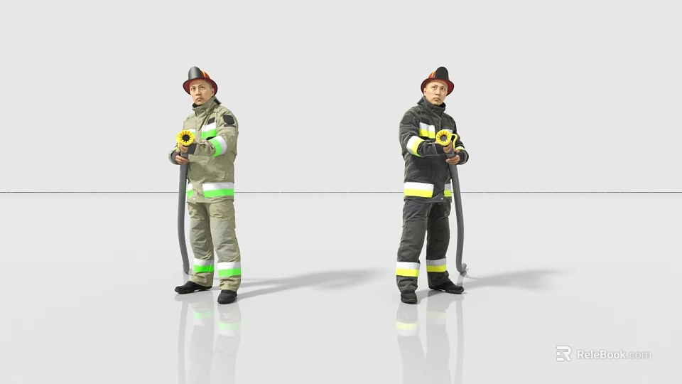 Men Firefighters Standing in Uniforms Holding Fire Hoses Against White Background 3d model 