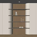 Modern Wooden Shelving Unit With Multiple Shelves Displaying Books And Glassware