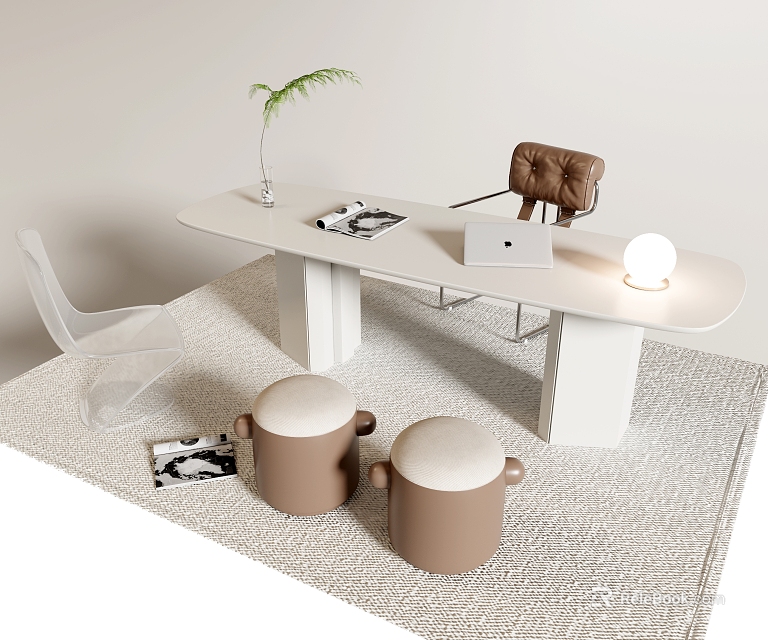 Modern White Table and Chair Set With Laptop Green Plant Ottomans Transparent Chair and Rug 3d model 