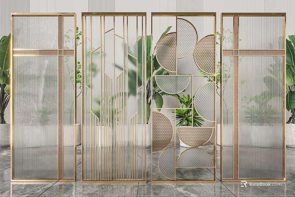Modern Decorative Room Dividers With Geometric Patterns Metal Frames And Indoor Plants 3d model 