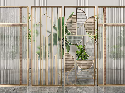 Modern Decorative Room Dividers With Geometric Patterns Metal Frames And Indoor Plants 3d model