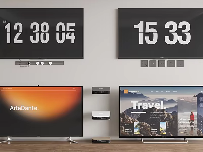 Multiple TVs on Wall and Stand with Time Display and Travel Content 3d model