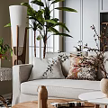 Cozy Dining and Living Room Interior With Wooden Ceiling Sofa Pillows And Green Plants