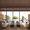 Minimalist Modern Leisure Area with Sofas Coffee Tables Floor Lamps Overlooking Greenery And Water Features