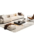Modern Beige Sofa and Black Coffee Table Set with Brown Accent Chair and Rug
