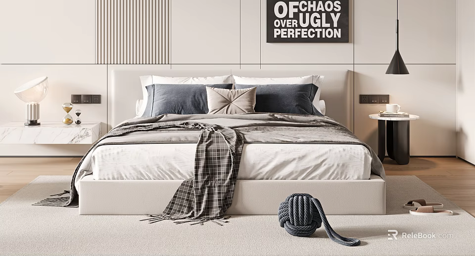 Modern Double Bed With White Headboard Multiple Pillows Plaid Blanket Side Table And Wall Art 3d model