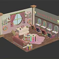 Dreamy Pink Salon Interior For Clients With Chairs Mirrors Tables And Bookshelves
