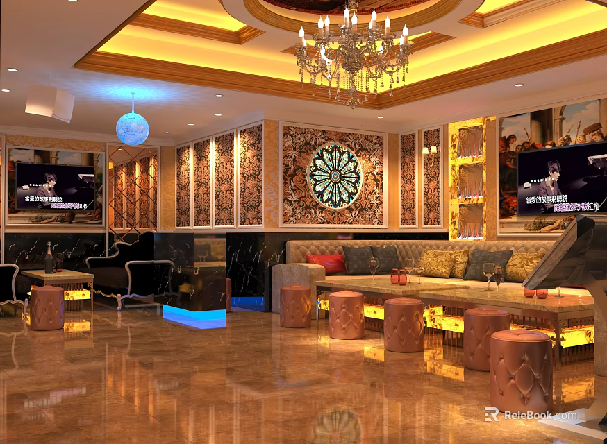 Luxurious KTV Interior Design With Chandelier Sofa Area TV Screens And Decorative Walls 3d model 