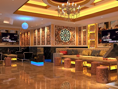 Luxurious KTV Interior Design With Chandelier Sofa Area TV Screens And Decorative Walls 3d model