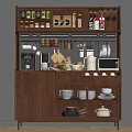 Modern Wooden Sideboard With Coffee Machine Microwave Fruits And Storage Cabinets