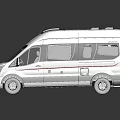 Modern White Ford Van RV With Black Roof Equipment And Red Side Stripes Design