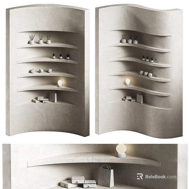 Modern Curved Display Shelves With Tiered Layers And Decorative Ornaments 3d model 