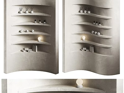 Modern Curved Display Shelves With Tiered Layers And Decorative Ornaments 3d model