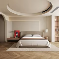 Modern Minimalist Bedroom Interior With Large Bed Herringbone Flooring Curved Ceiling And Niche Bookshelf