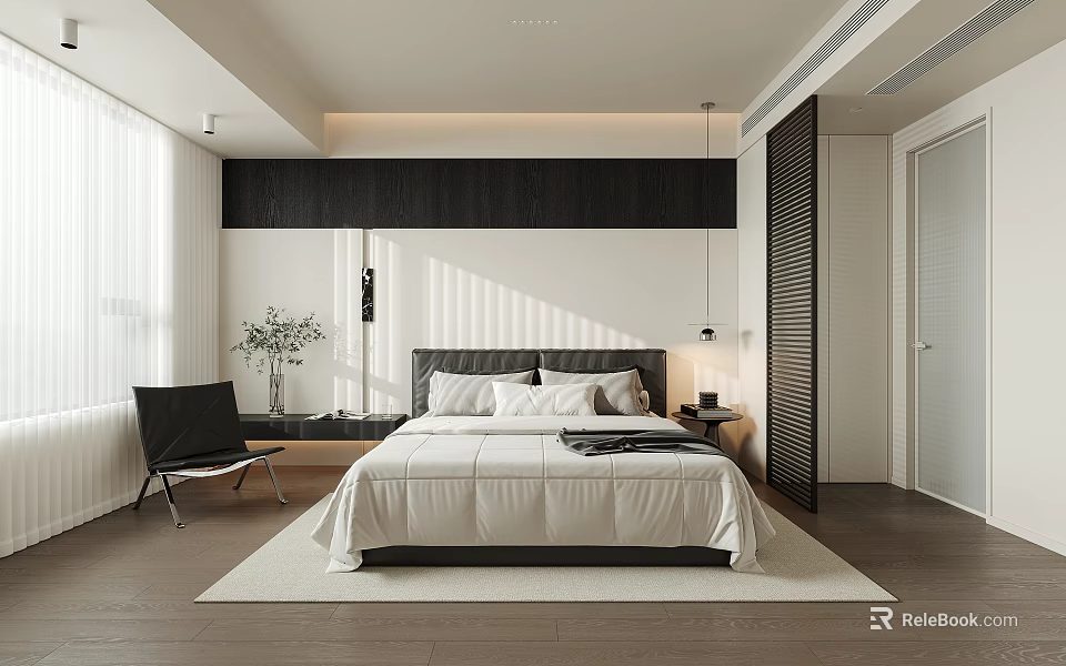 Modern Minimalist Bedroom Interior With Large Bed White Bedding And Wooden Flooring 3d model 
