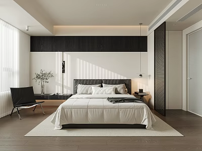 Modern Minimalist Bedroom Interior With Large Bed White Bedding And Wooden Flooring 3d model