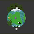 Colorful Earth Model With Green Land Blue Ocean Panda Trees And Flowers