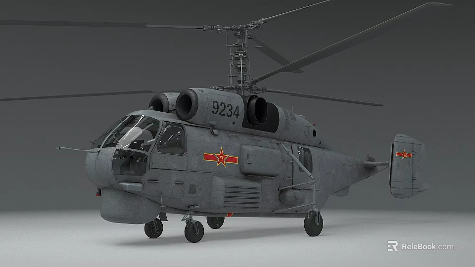Military Twin Rotor Helicopter With 9234 Marking Red Insignia Gray Body 3d model 