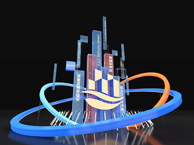 Modern Check-in Photo Spot With Blue Circular Rings And Vertical Pillar Structures 3d model