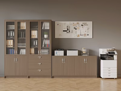 Brown Wooden Filing Cabinet With Glass Doors Drawers And Office Printer Bulletin Board 3d model