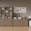 Brown Wooden Filing Cabinet With Glass Doors Drawers And Office Printer Bulletin Board