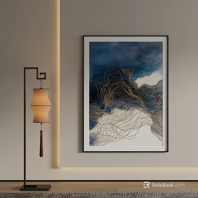 Modern Framed Landscape Art With Abstract Line Patterns On Wall 3d model
